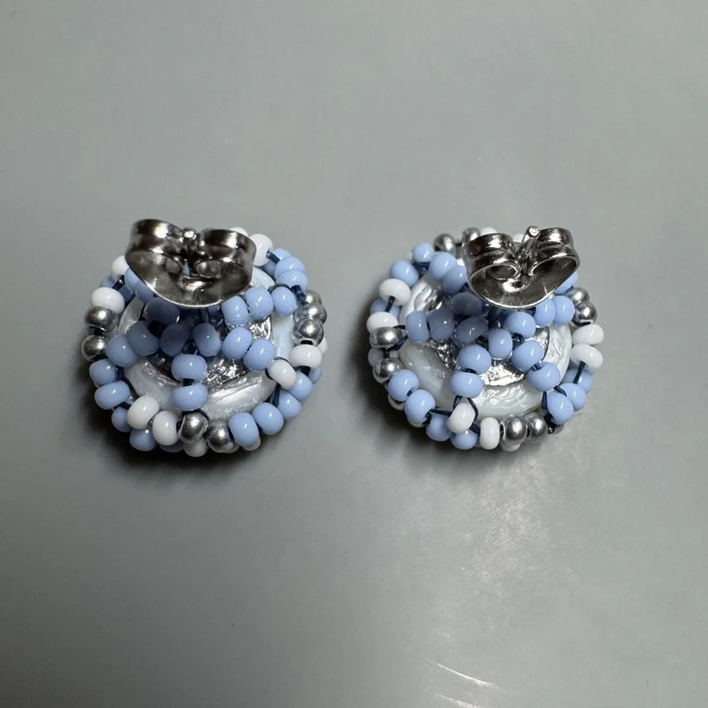 Sapphire Silver and White Stud Earrings Handmade Stainless Steel Beaded‎ Studs